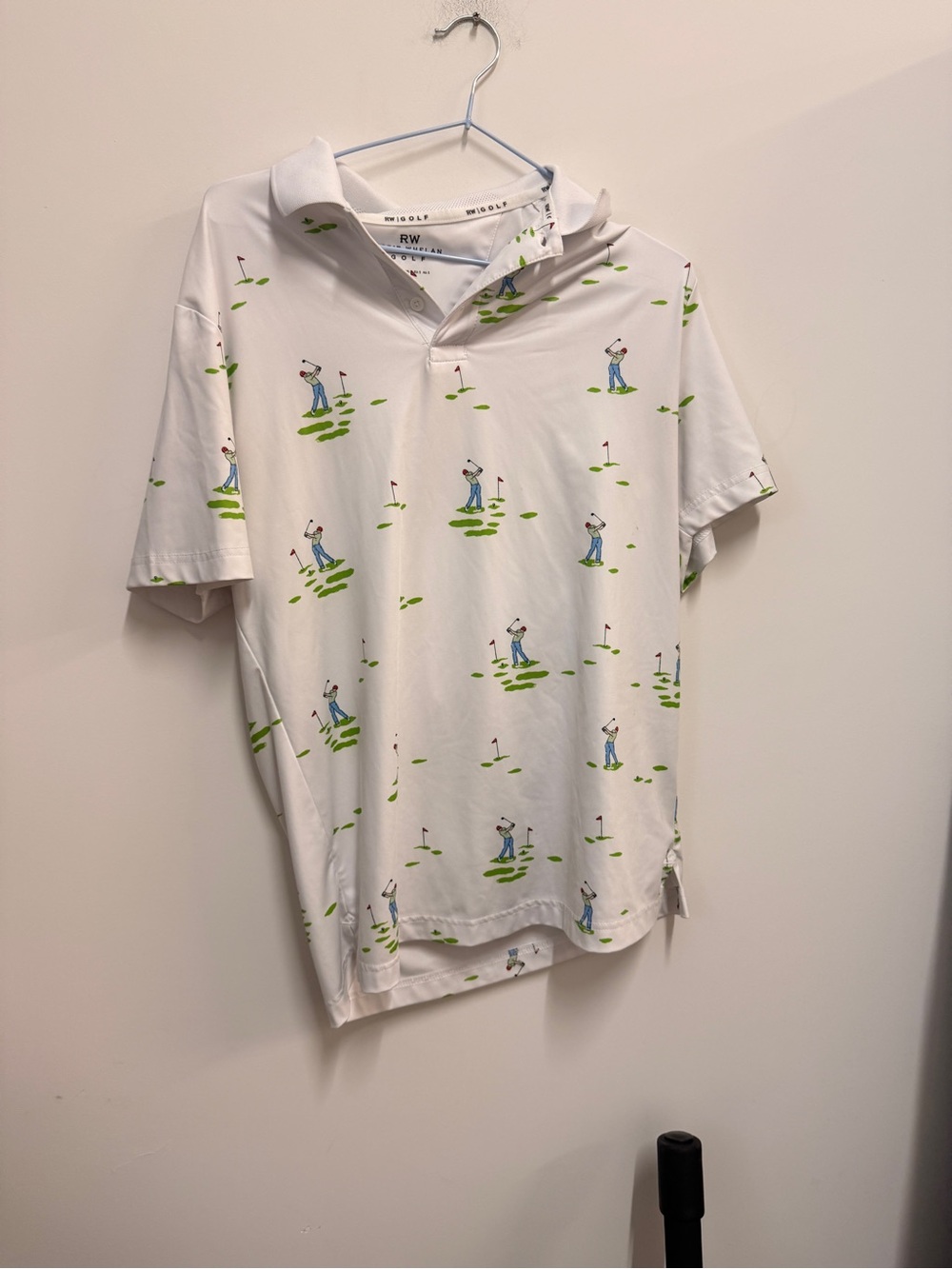 Men's White Golf-Print Polo Shirt with Green Accents
